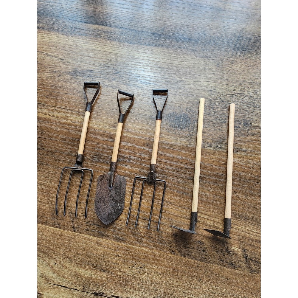 Miniature Dollhouse Lot Garden Tools Diorama Cottage Farm Wood Metal Shovel